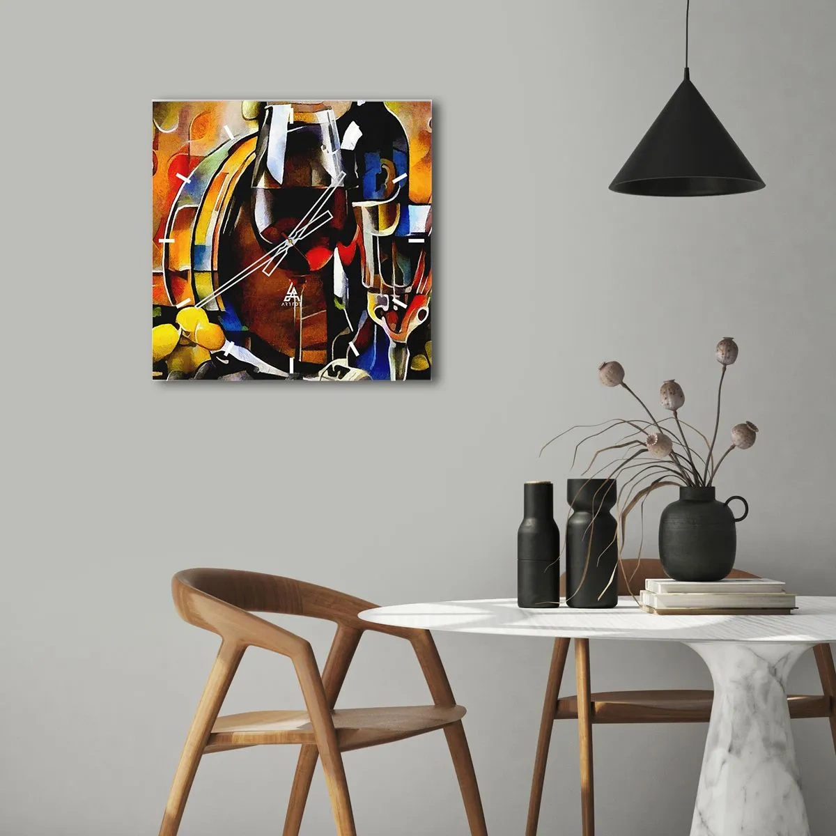 Horloge murale - Pendule murale - Nature morte abstraite avec verres et instruments - 30x30cm - Et le monde prend des couleurs - Décoration murale moderne pour le salon et la chambre ARTTOR