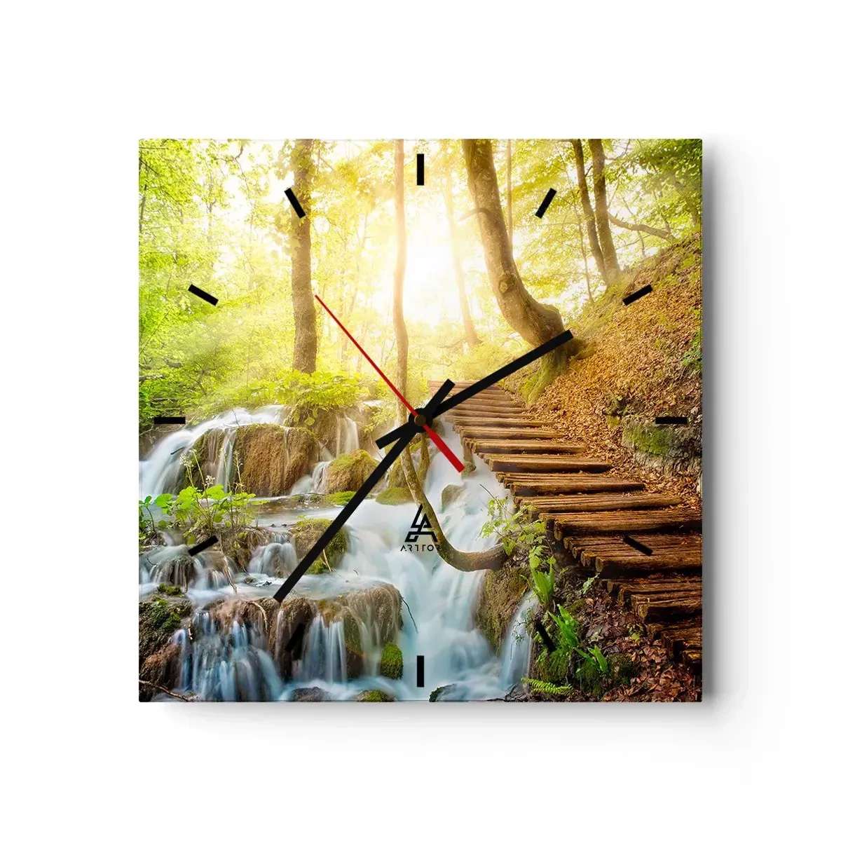 Horloge murale - Pendule murale - Chemin forestier avec escaliers en bois près de la cascade - 30x30cm - Une fraîcheur tant désirée - Décoration murale moderne pour le salon et la chambre ARTTOR