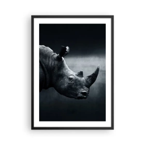 Affiche dans un cadre noir - Poster - Portrait noir et blanc d'un rhinocéros sur fond sombre - 50x70cm - Le profil droit - Décoration murale moderne pour le salon et la chambre ARTTOR