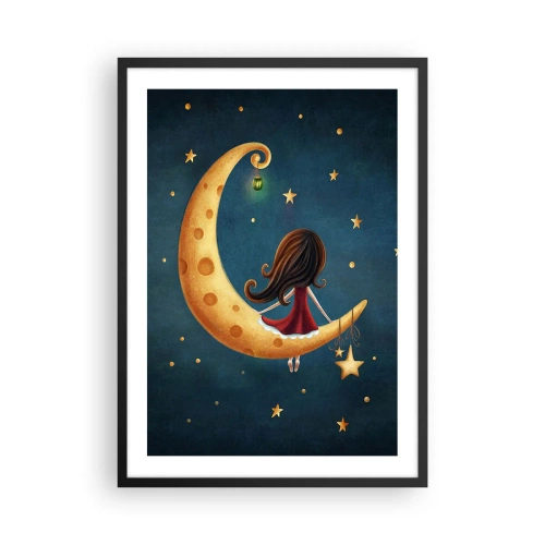 Affiche dans un cadre noir - Poster - Une fille sur la lune entourée d'étoiles et d'une lanterne - 50x70cm - Il était une fois... - Décoration murale moderne pour le salon et la chambre ARTTOR