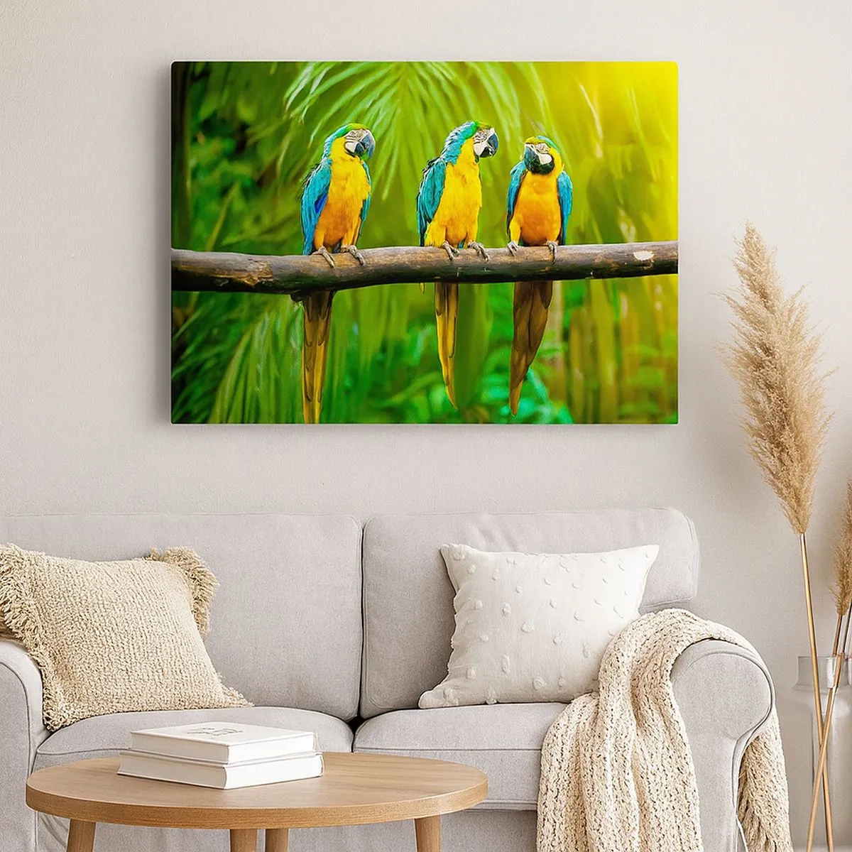 Impression sur toile - Image sur toile - Trois perroquets colorés sur fond de verdure tropicale - 70x50cm - Et avez-vous entendu qu'elle ...? - Décoration murale moderne pour le salon et la chambre ARTTOR