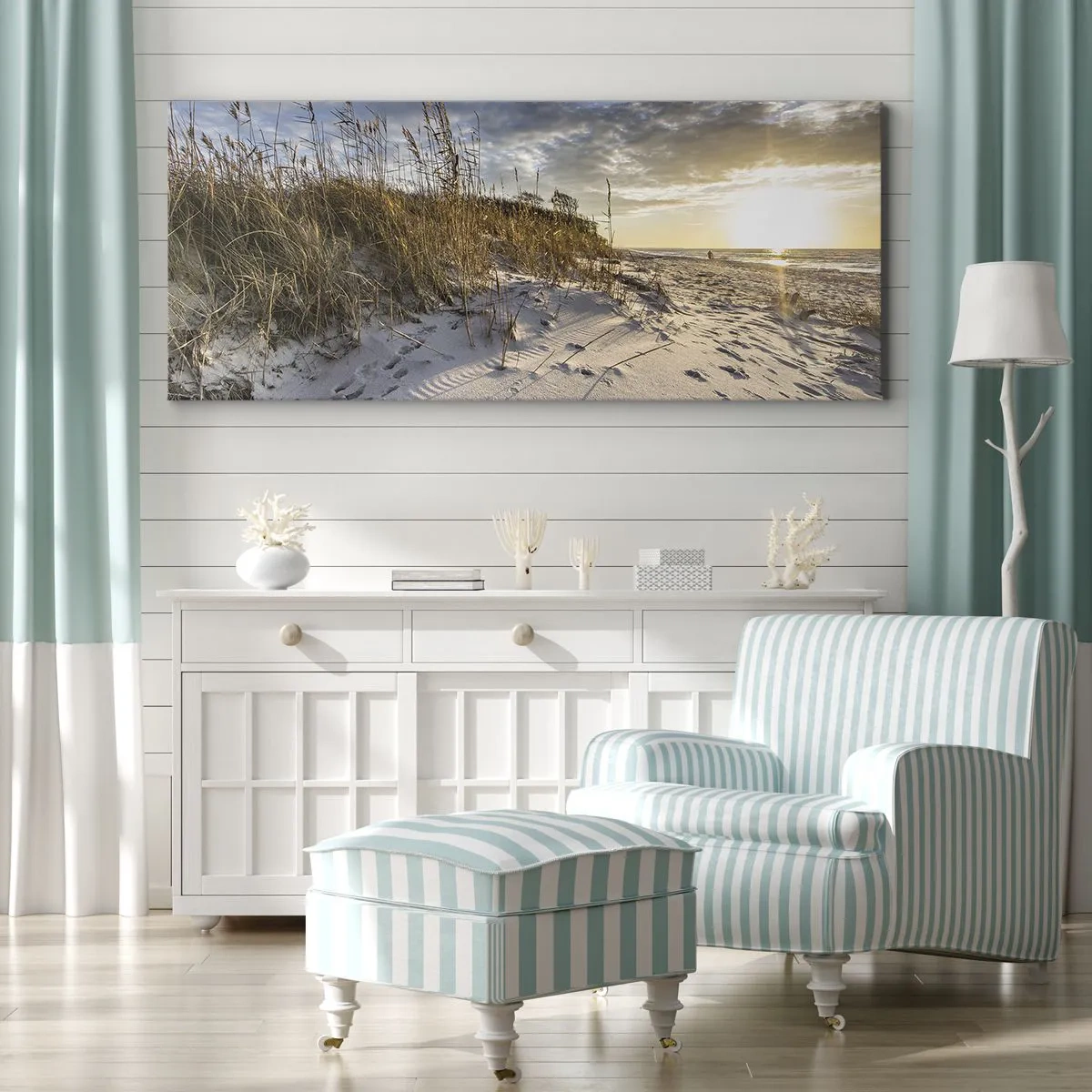 Impression sur toile - Image sur toile - Dunes avec de l'herbe et des empreintes de pas dans le sable au coucher du soleil - 160x50cm - Invitation à la ballade - Décoration murale moderne pour le salon et la chambre ARTTOR