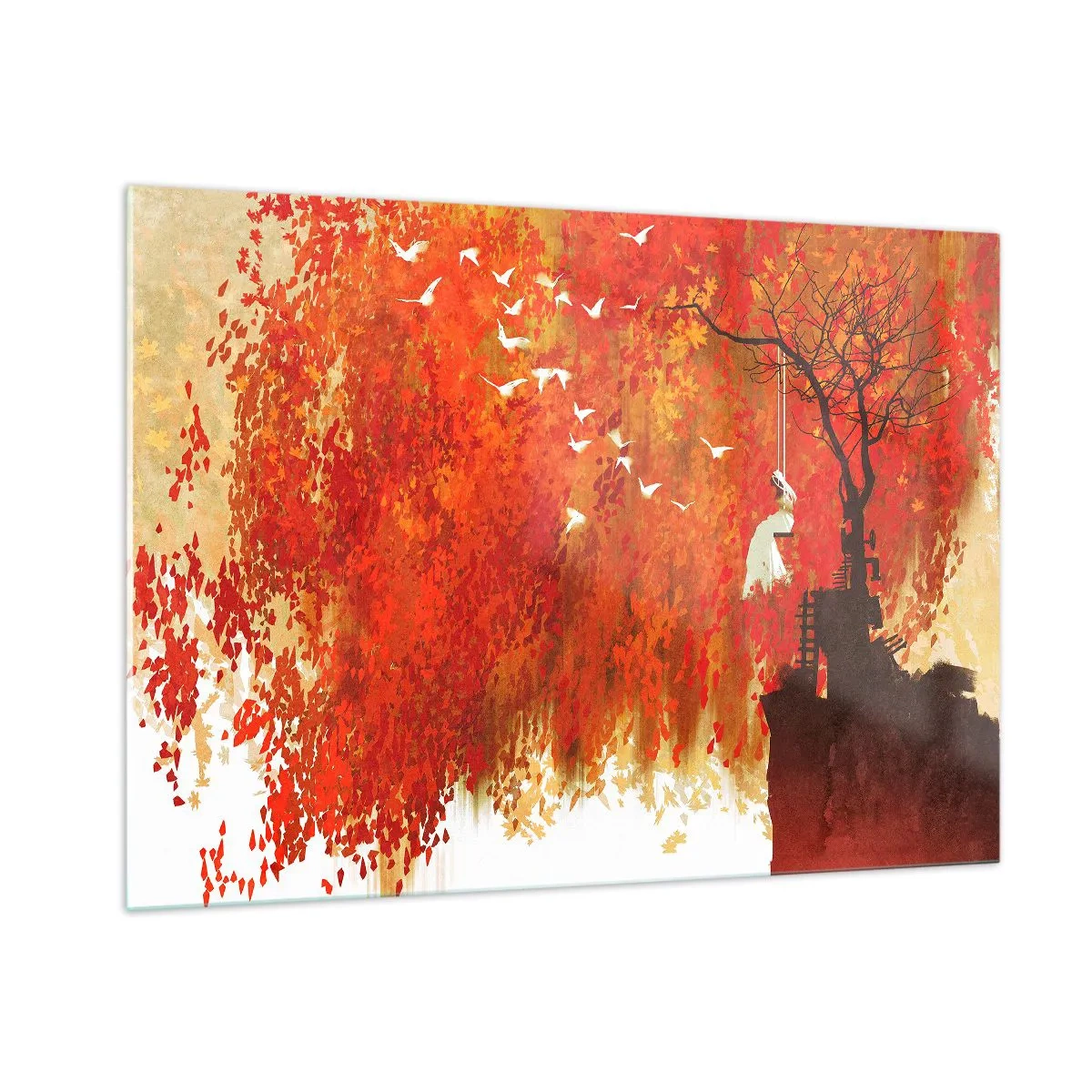 Impression sur verre - Image sur verre - Des feuilles rouges, un arbre solitaire et des oiseaux dans une scène d'automne - 100x70cm - S'envolera-t-il avec eux ? - Décoration murale moderne pour le salon et la chambre ARTTOR