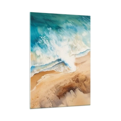 Impression sur verre - Image sur verre - Vue aérienne d'une vague bleue s'écrasant sur un rivage sablonneux - 50x70cm - La vague qui revient - Décoration murale moderne pour le salon et la chambre ARTTOR