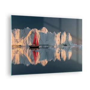 Impression sur verre - Image sur verre - Un voilier avec une voile rouge près des icebergs au coucher du soleil - 70x50cm - Aux limites du monde - Décoration murale moderne pour le salon et la chambre ARTTOR