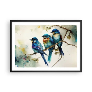 Affiche dans un cadre noir - Poster - Trois oiseaux colorés sur une branche dans un style aquarelle - 70x50cm - A-t-il été offensé ? - Décoration murale moderne pour le salon et la chambre ARTTOR