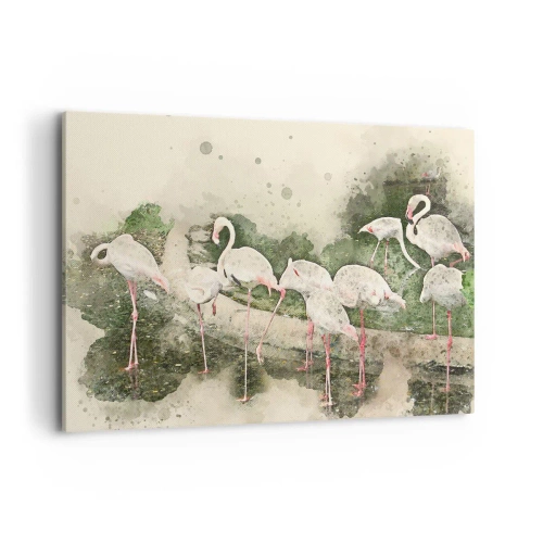 Impression sur toile - Image sur toile - Flamants roses dans leur environnement naturel dans un style aquarelle - 100x70cm - Rêve exotique - Décoration murale moderne pour le salon et la chambre ARTTOR