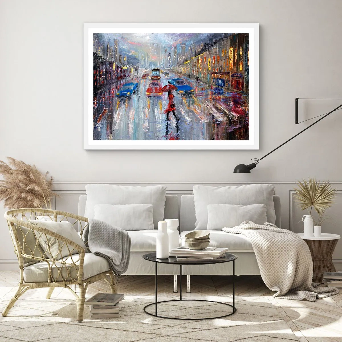 Affiche dans un cadre blanc - Poster - Après-midi pluvieux en ville - 100x70 cm