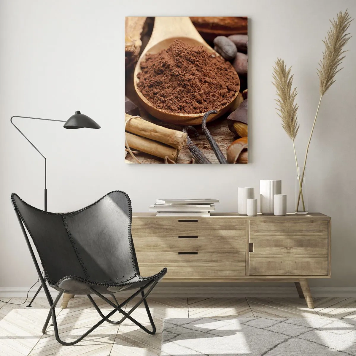 Impression sur verre - Image sur verre - Une cuillerée de cacao entourée de chocolat, d'épices et de noix - 50x70cm - La meilleure pour les chagrins - Décoration murale moderne pour le salon et la chambre ARTTOR