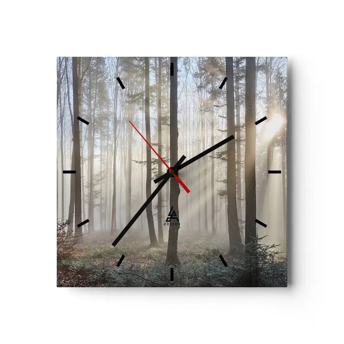 Horloge murale - Pendule murale - Une forêt dans un léger brouillard avec des rayons de soleil qui brillent à travers les arbres - 30x30cm - Le brouillard s'est aussi réveillé - Décoration murale moderne pour le salon et la chambre ARTTOR