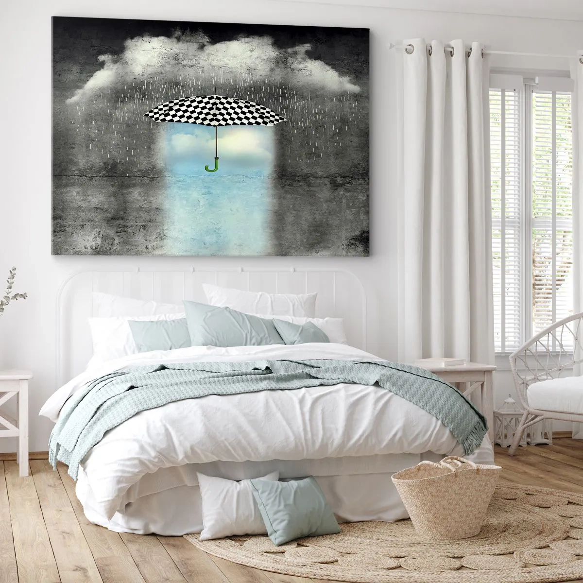 Impression sur toile - Image sur toile - Un parapluie à carreaux sur un paysage pluvieux - 70x50cm - Et pourtant c'est possible - Décoration murale moderne pour le salon et la chambre ARTTOR