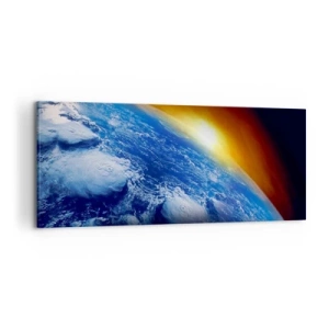 Impression sur toile - Image sur toile - Vue de la Terre depuis l'espace au coucher du soleil - 120x50cm - Lever de soleil sur la planète bleue - Décoration murale moderne pour le salon et la chambre ARTTOR