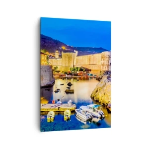 Impression sur toile - Image sur toile - Un port pittoresque la nuit avec des bâtiments illuminés - 70x100cm - Nuit illuminée sur l'Adriatique - Décoration murale moderne pour le salon et la chambre ARTTOR