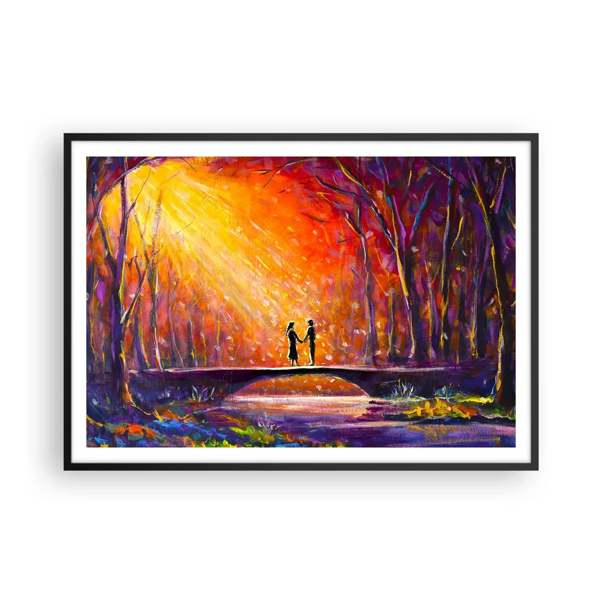 Affiche dans un cadre noir - Poster - Couple romantique sur un pont dans la forêt d'automne - 100x70cm - Le ciel les aime aussi - Décoration murale moderne pour le salon et la chambre ARTTOR