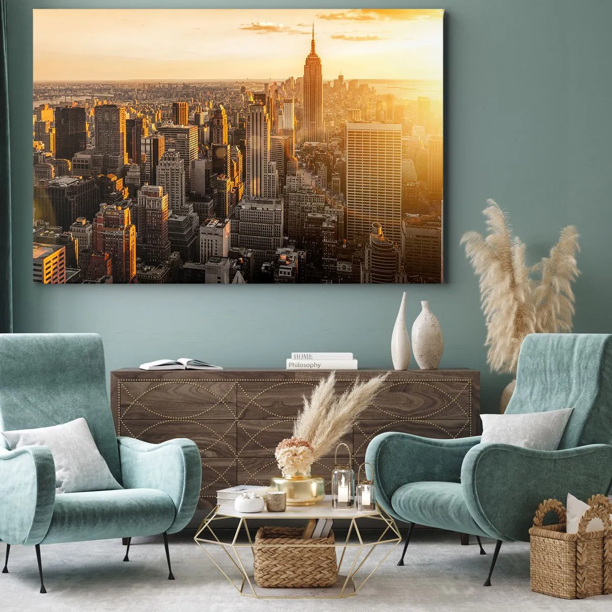 Impression sur toile - Image sur toile - Skyline de New York au coucher du soleil avec vue sur l'Empire State Building - 100x70cm - Grandir au soleil - Décoration murale moderne pour le salon et la chambre ARTTOR