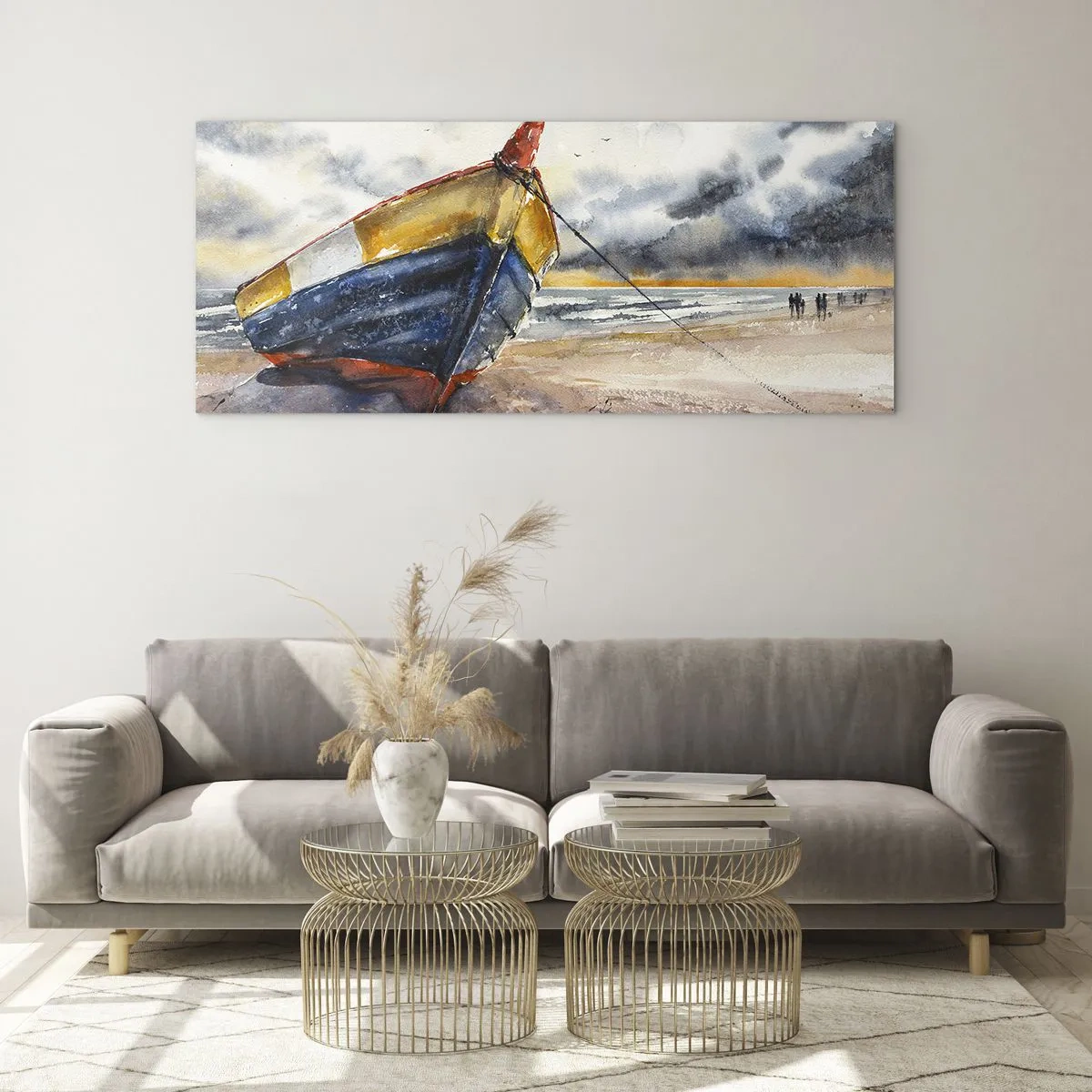 Impression sur verre - Image sur verre - Un bateau pittoresque sur la plage sous un ciel nuageux - 120x50cm - Repos sur le rivage - Décoration murale moderne pour le salon et la chambre ARTTOR