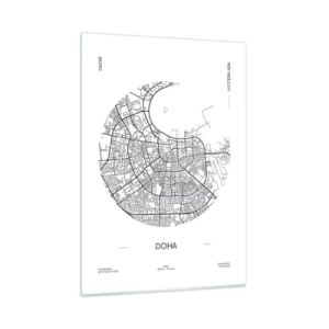 Impression sur verre - Image sur verre - Une carte graphique de Doha dans un style minimaliste en noir et blanc. - 50x70cm - Anatomie de Doha - Décoration murale moderne pour le salon et la chambre ARTTOR