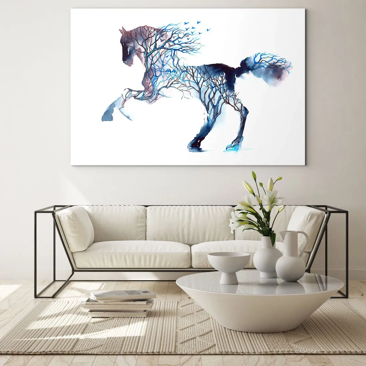 Impression sur verre - Image sur verre - Illustration d'un cheval avec des branches à la place d'un corps - 70x50cm - Comme si la forêt avait bougé - Décoration murale moderne pour le salon et la chambre ARTTOR