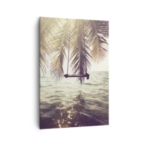 Impression sur toile - Image sur toile - Palmier avec une balançoire au-dessus de l'eau au soleil - 70x100cm - Vous pouvez vous balancer dans les nuages 
