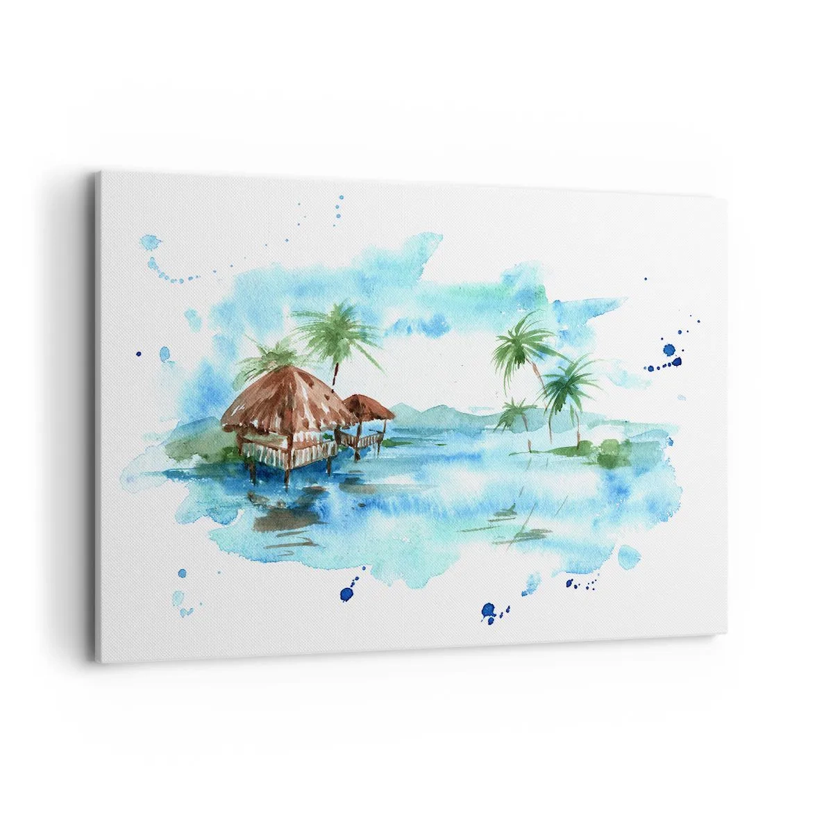 Impression sur toile - Image sur toile - Aquarelle représentant un paysage tropical avec des maisons et des palmiers - 100x70cm - Quelque part dans le Pacifique - Décoration murale moderne pour le salon et la chambre ARTTOR