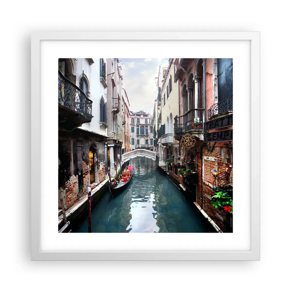 Affiche dans un cadre blanc - Poster - Paysage vénitien avec une gondole et un pont - 40x40 cm