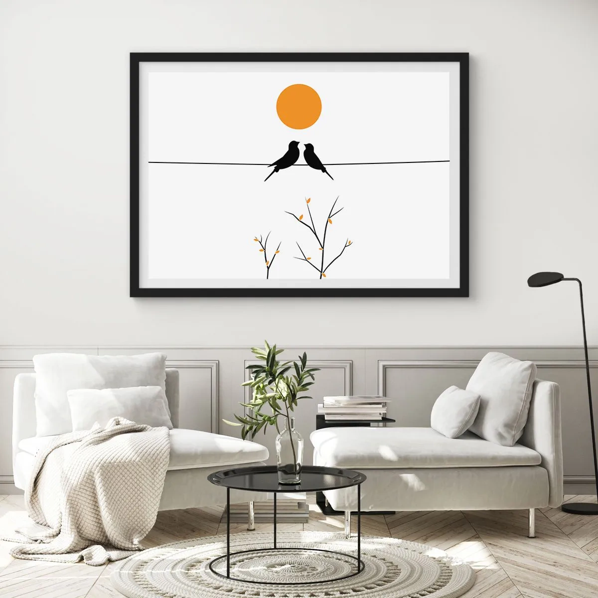 Affiche dans un cadre noir - Poster - Oiseaux sur une ligne avec un soleil jaune - 70x50cm - Soirée pour rossignols - Décoration murale moderne pour le salon et la chambre ARTTOR