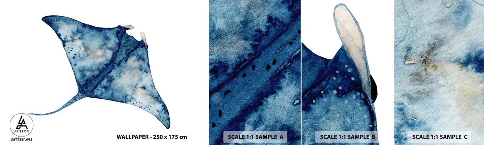 Échantillon de Papier Peint Autocollant Deluxe Sticker - La vie en bleu - Raie, Poisson, Style bord de mer - 100x30 cm