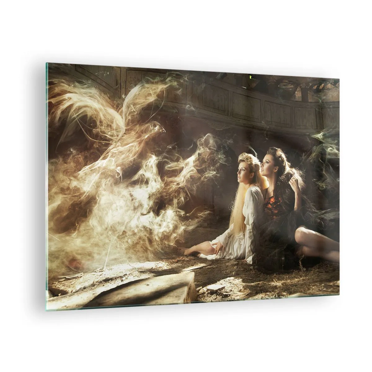 Impression sur verre - Image sur verre - Deux femmes avec un phénix de feu dans un décor magique - 70x50cm - Et il y a eu la poésie - Décoration murale moderne pour le salon et la chambre ARTTOR