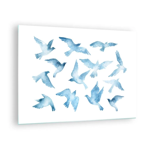 Impression sur verre - Image sur verre - Illustration d'oiseaux bleus sur fond blanc - 70x50cm - Oiseaux bleus - Décoration murale moderne pour le salon et la chambre ARTTOR
