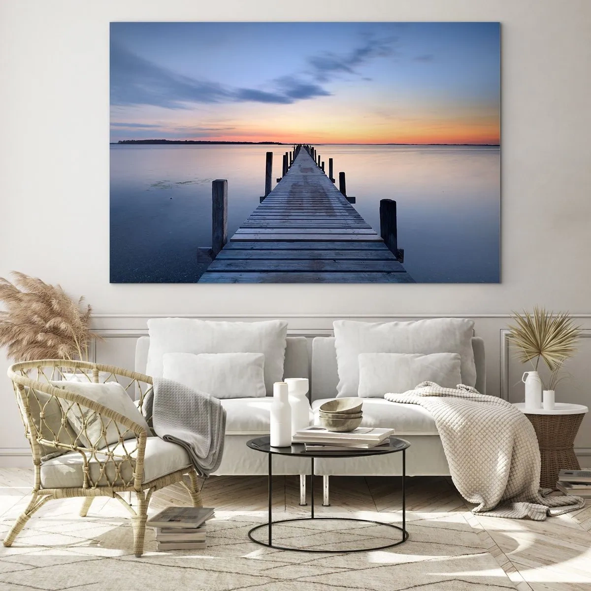 Impression sur verre - Image sur verre - Une jetée en bois sur un lac calme au coucher du soleil - 70x50cm - Le calme d'un crépuscule serein - Décoration murale moderne pour le salon et la chambre ARTTOR