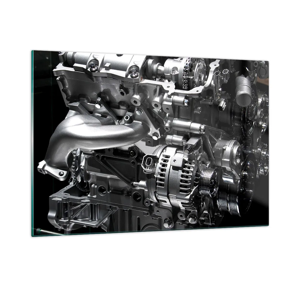 Impression sur verre - Image sur verre - Détails d'un moteur en métal sur fond noir - 120x80cm - Acier, beau, fort - Décoration murale moderne pour le salon et la chambre ARTTOR