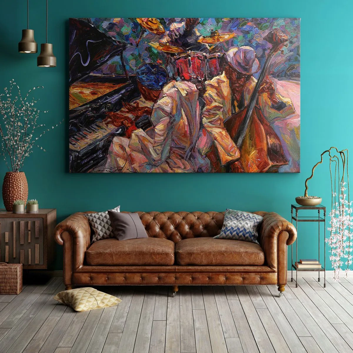 Impression sur toile - Image sur toile - Scène de jazz énergique avec musiciens et instruments - 120x80cm - Dans le même tempo - Décoration murale moderne pour le salon et la chambre ARTTOR