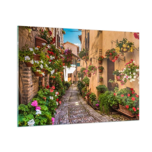 Impression sur verre - Image sur verre - Une charmante ruelle italienne avec des fleurs en pot et une rue pavée - 100x70cm - Ruelle italienne - Décoration murale moderne pour le salon et la chambre ARTTOR