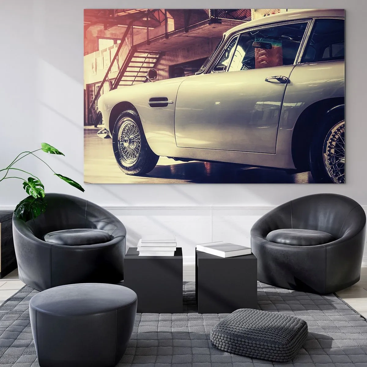 Impression sur verre - Image sur verre - Une voiture classique dans un intérieur de garage élégant - 70x50cm - Les classiques ne vieillissent pas - Décoration murale moderne pour le salon et la chambre ARTTOR