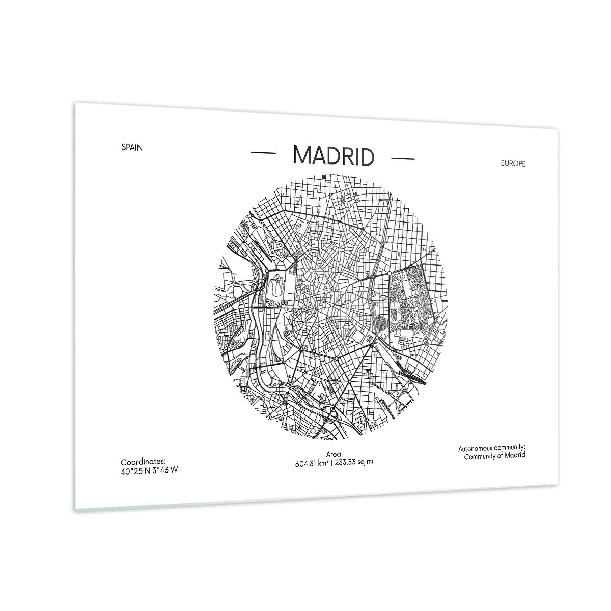 Impression sur verre - Image sur verre - Une carte minimaliste en noir et blanc de Madrid sous forme circulaire. - 70x50cm - Anatomie de Madrid - Décoration murale moderne pour le salon et la chambre ARTTOR