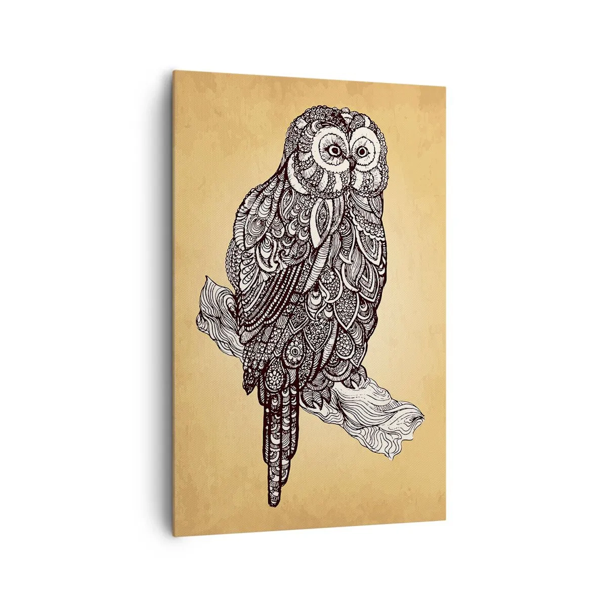 Impression sur toile - Image sur toile - Un hibou de style ornemental sur fond beige - 80x120cm - Ornements complexes de sagesse - Décoration murale moderne pour le salon et la chambre ARTTOR