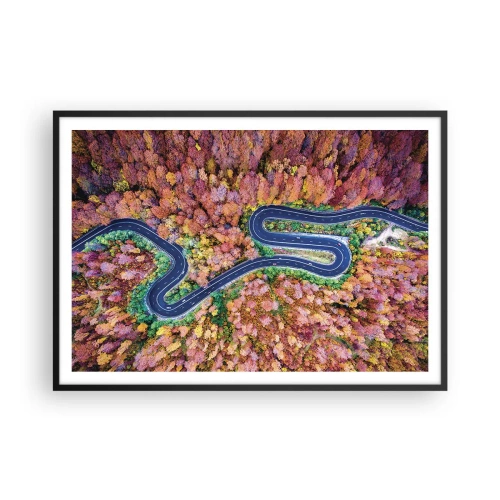Affiche dans un cadre noir - Poster - Une route sinueuse dans une forêt d'automne vue à vol d'oiseau - 100x70cm - Route sinueuse à travers la forêt - Décoration murale moderne pour le salon et la chambre ARTTOR
