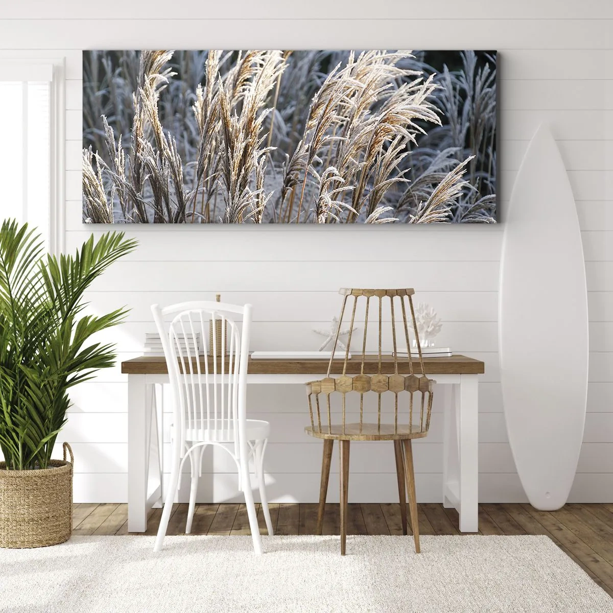 Impression sur toile - Image sur toile - Brins d'herbe d'hiver recouverts de givre sur un fond vert foncé - 120x50cm - Habillé de givre - Décoration murale moderne pour le salon et la chambre ARTTOR