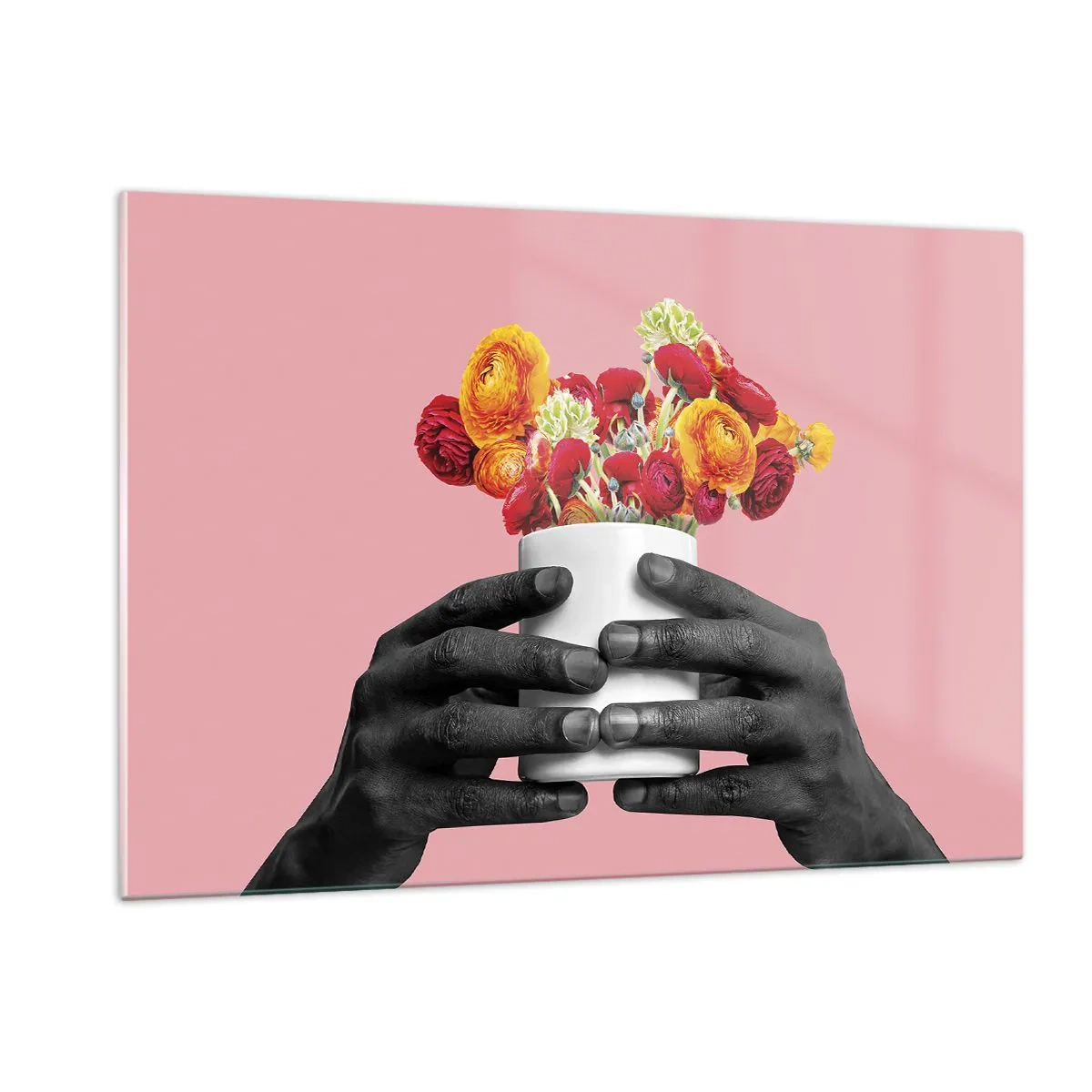 Impression sur verre - Image sur verre - Mains noires et blanches tenant un bouquet de fleurs colorées - 120x80cm - Apothéose de la vie - Décoration murale moderne pour le salon et la chambre ARTTOR