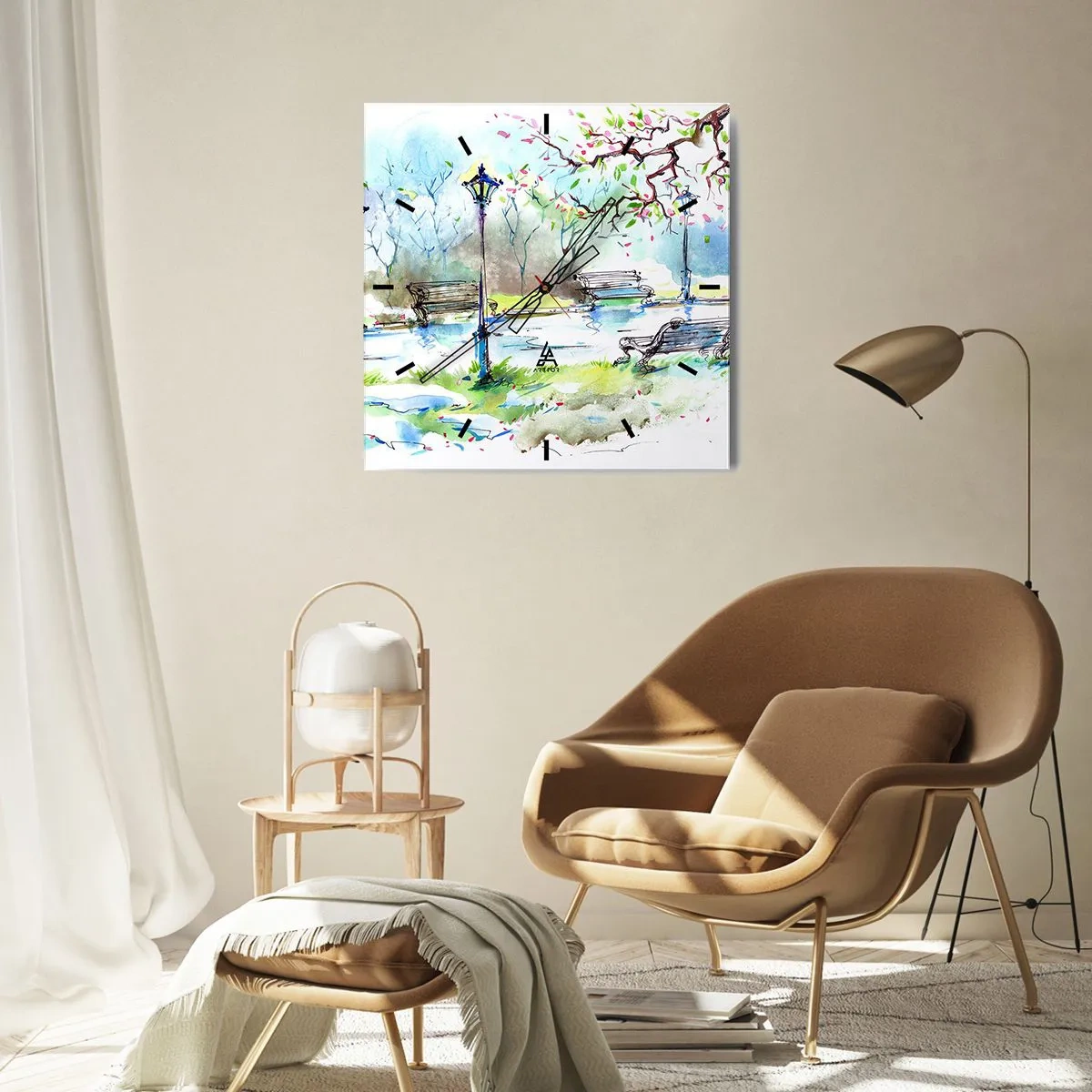 Horloge murale - Pendule murale - Scène de parc à l'aquarelle avec bancs et lampes - 30x30cm - Le charme du silence d'un parc - Décoration murale moderne pour le salon et la chambre ARTTOR
