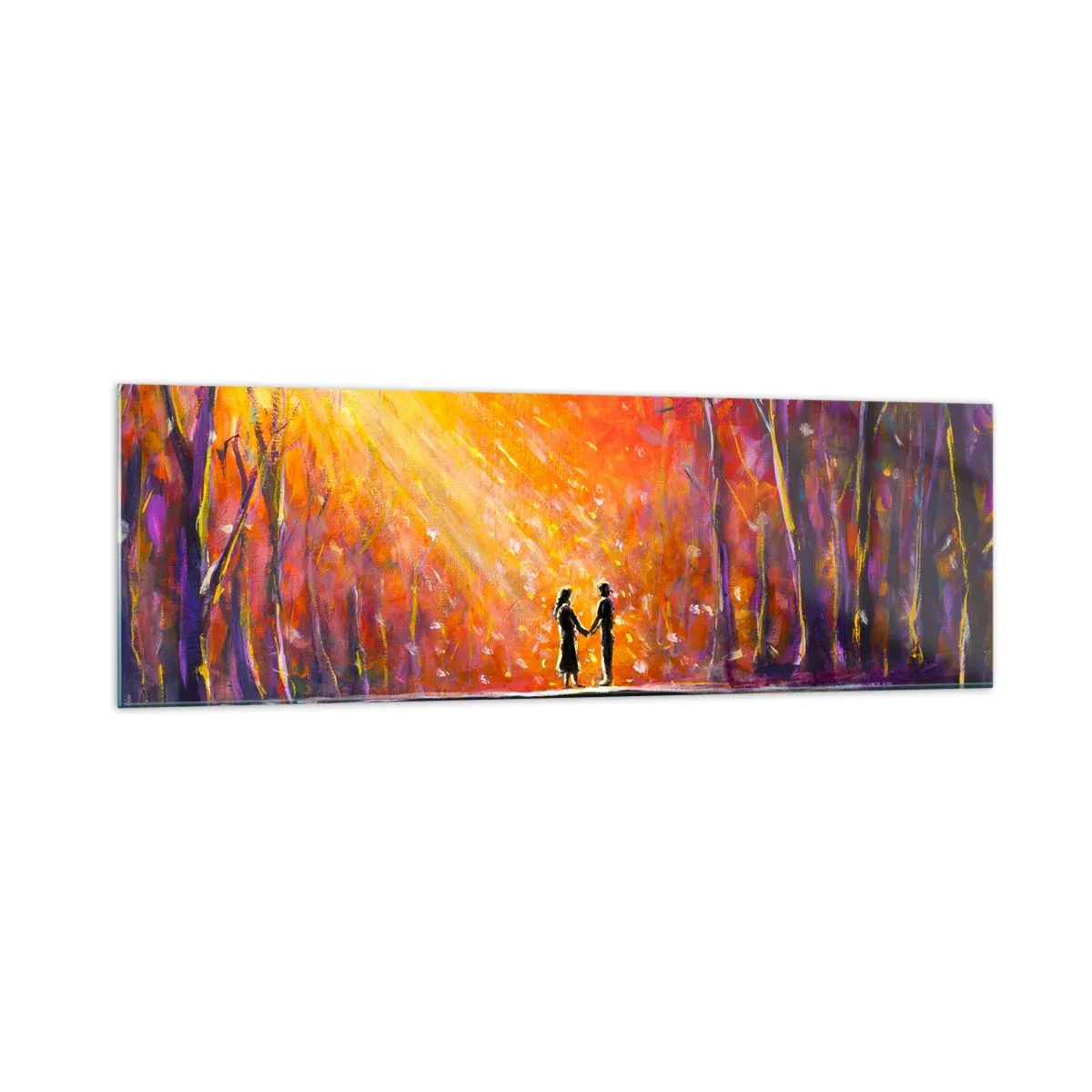 Impression sur verre - Image sur verre - Couple romantique sur un pont dans la forêt d'automne - 160x50cm - Le ciel les aime aussi - Décoration murale moderne pour le salon et la chambre ARTTOR