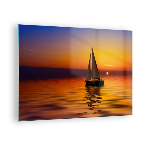 Impression sur verre - Image sur verre - Un voilier sur l'eau au coucher du soleil - 70x50cm - Comme c'est calme au crépuscule… - Décoration murale moderne pour le salon et la chambre ARTTOR