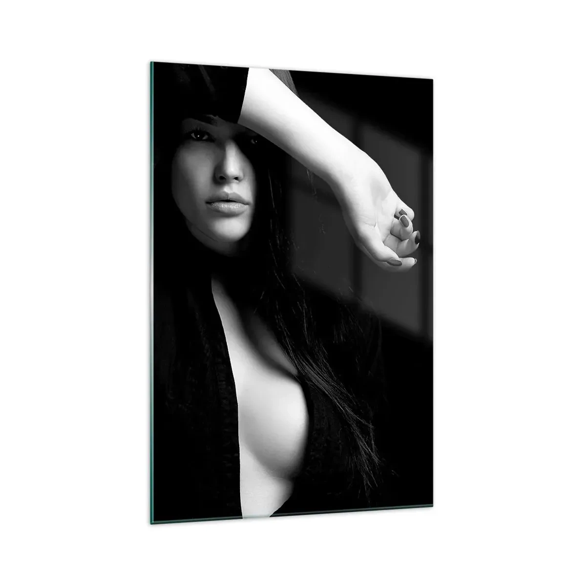 Impression sur verre - Image sur verre - Portrait élégant d'une femme en noir et blanc - 70x100cm - École de séduction - Décoration murale moderne pour le salon et la chambre ARTTOR