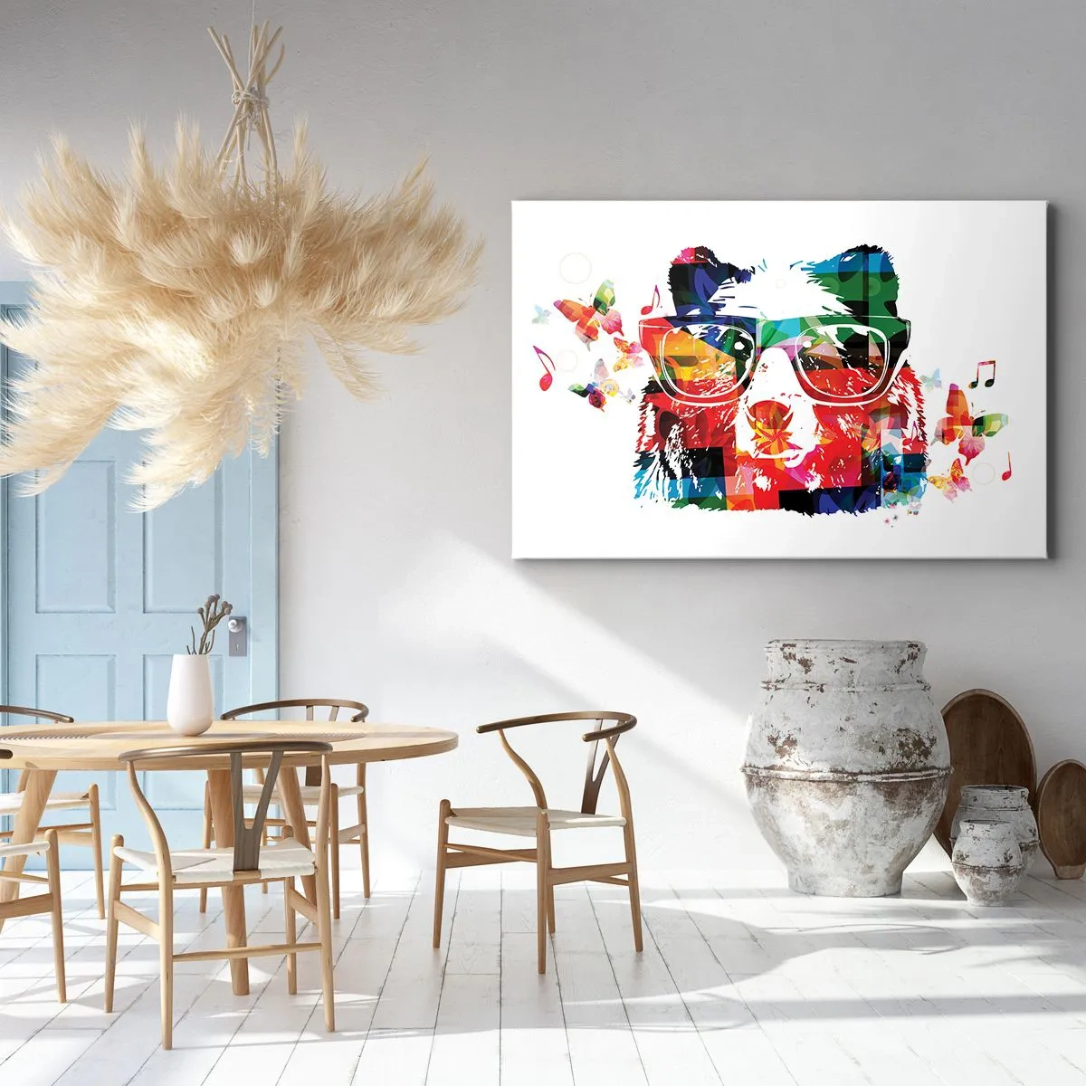 Impression sur toile - Image sur toile - Ours coloré avec des lunettes avec des papillons et des notes de musique - 100x70cm - Ca plait au chien! - Décoration murale moderne pour le salon et la chambre ARTTOR