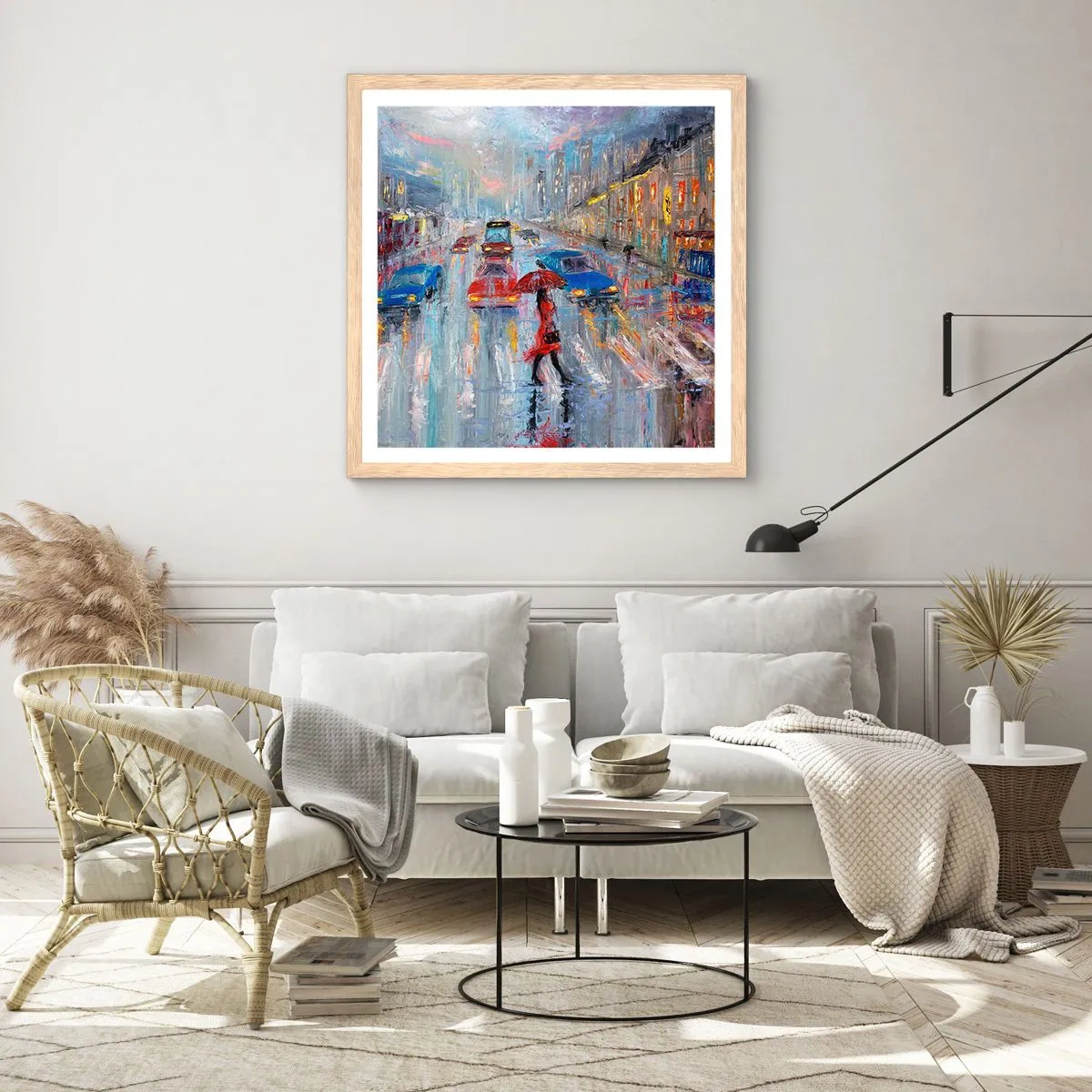 Affiche dans un chêne clair - Poster - Après-midi pluvieux en ville - 60x60 cm