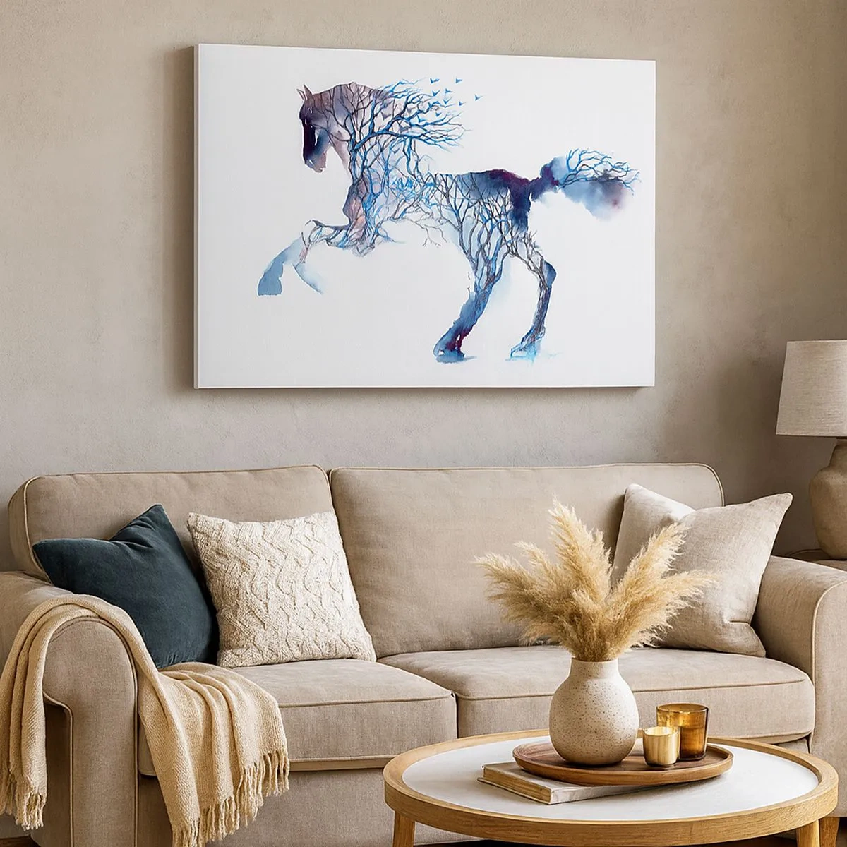 Impression sur toile - Image sur toile - Graphique artistique de cheval avec des motifs d'arbres et d'oiseaux - 70x50cm - Comme si la forêt avait bougé - Décoration murale moderne pour le salon et la chambre ARTTOR