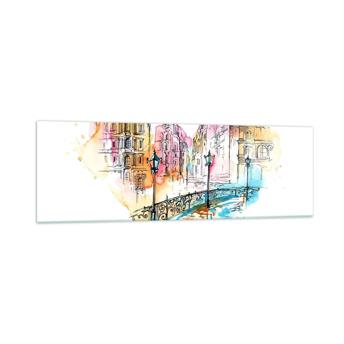 Impression sur verre - Image sur verre - Aquarelle d'un pont et de maisons en forme de cœur - 160x50cm - Le coeur de la ville - Décoration murale moderne pour le salon et la chambre ARTTOR
