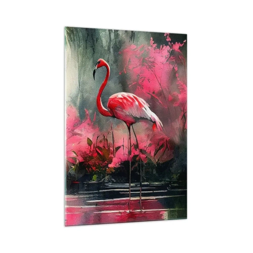 Impression sur verre - Image sur verre - Flamants roses au bord de l'eau entourés de végétation - 70x100cm - Une leçon de grâce naturelle - Décoration murale moderne pour le salon et la chambre ARTTOR