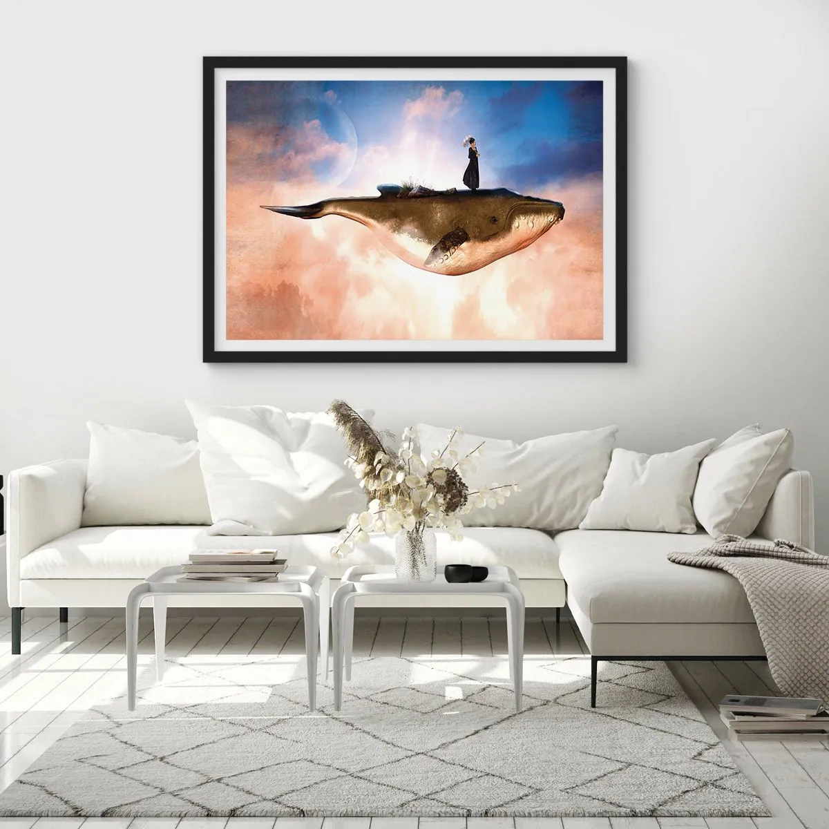 Affiche dans un cadre noir - Poster - Une scène fantastique d'une femme sur une baleine parmi les nuages - 100x70cm - Voyage irréel - Décoration murale moderne pour le salon et la chambre ARTTOR