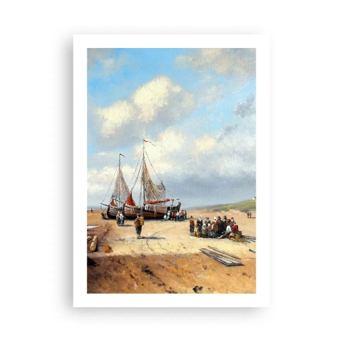 Affiche - Poster - Bateaux de pêche traditionnels et pêcheurs sur une plage de sable - 50x70cm - Après une capture réussie - Décoration murale moderne pour le salon et la chambre ARTTOR